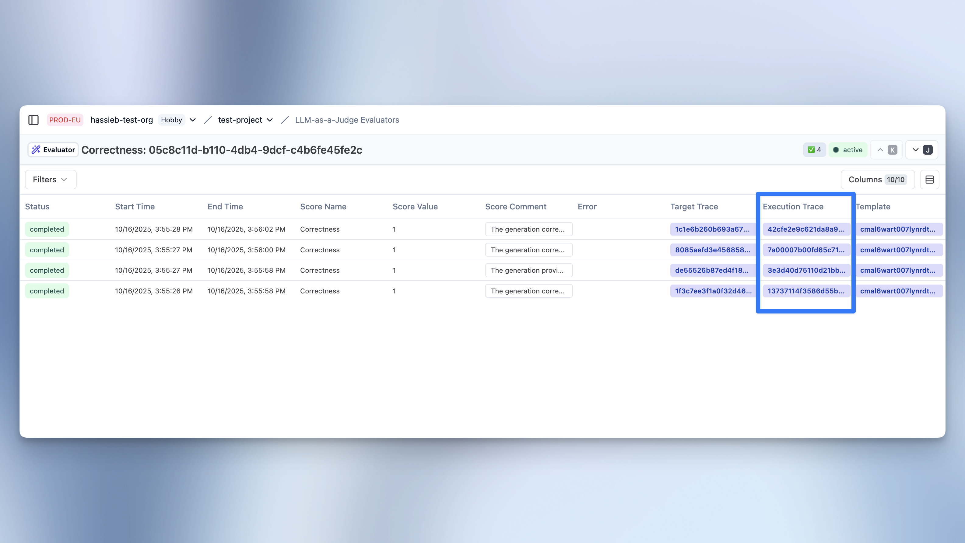 Evaluator logs with execution traces