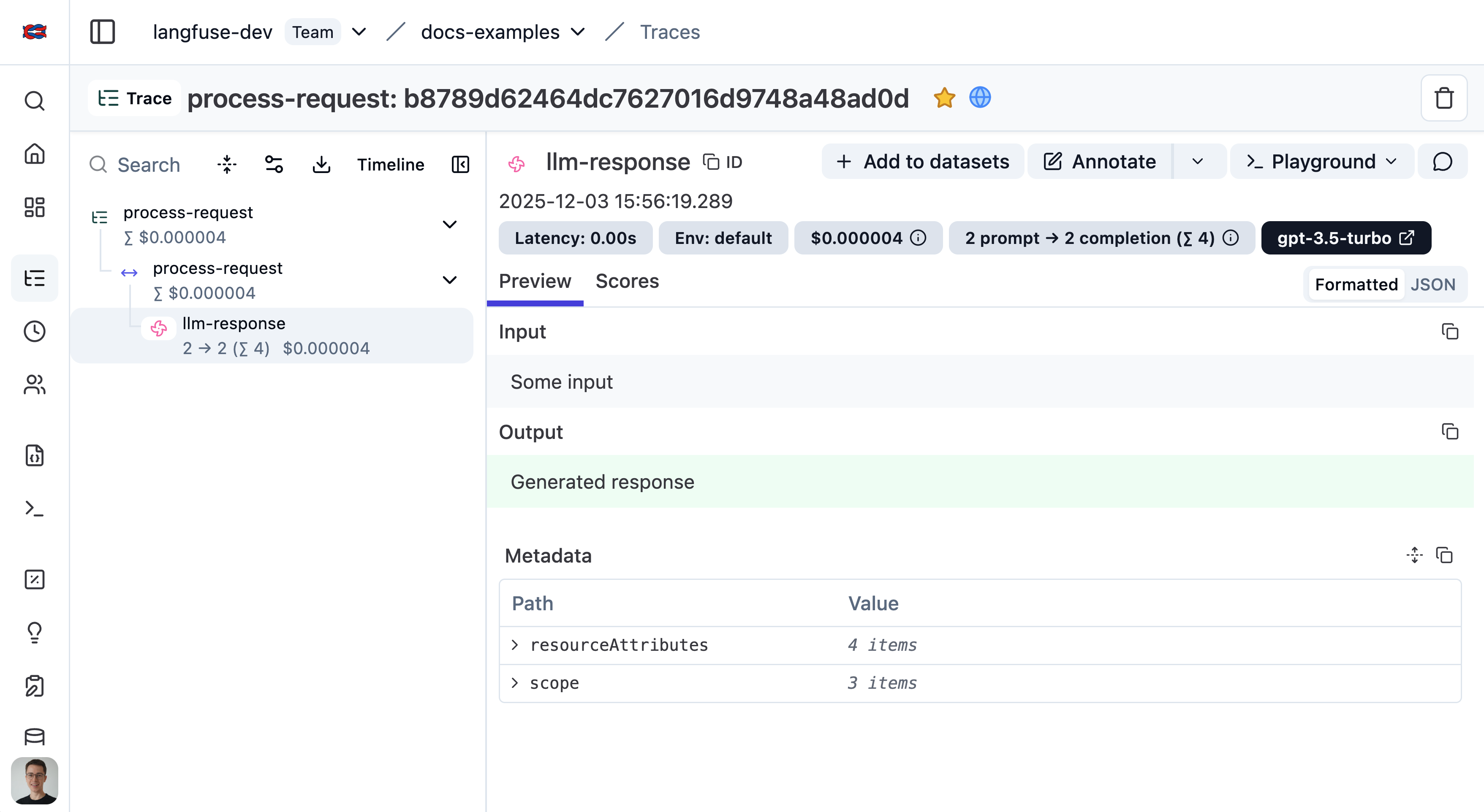 First trace in Langfuse