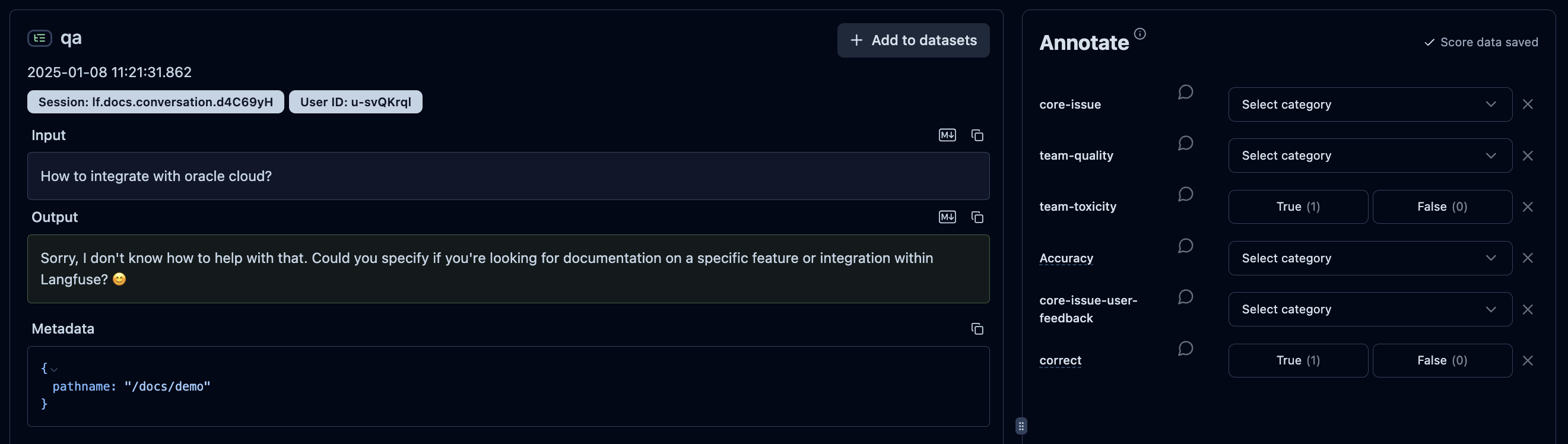 Example of a human annotation workflow in Langfuse