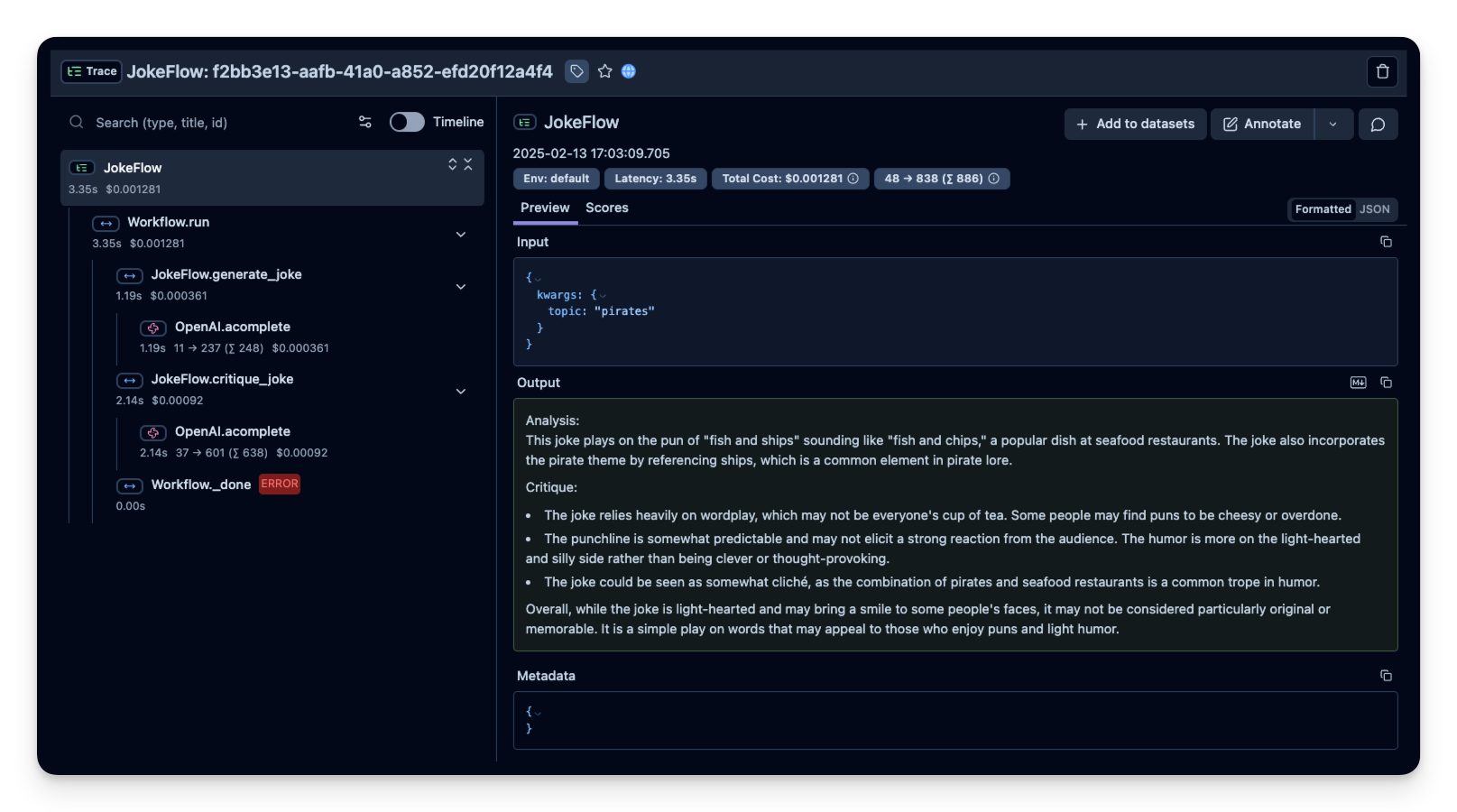 Llama Agents Example trace in Langfuse