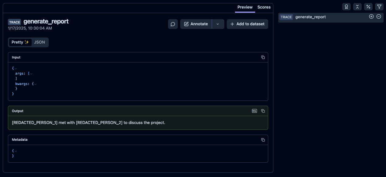 Redacted trace in Langfuse