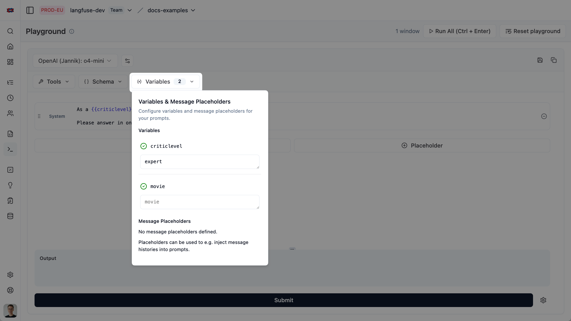 Prompt with variables in the Langfuse UI